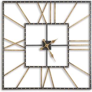 Signature Design by Ashley Thames Modern 40″ Square Metal Roman Numeral Wall Clock, Black & Gold