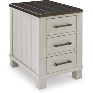 Signature Design by Ashley Darborn Farmhouse Chairside End Table with 3 Drawers, Power Supply and USB Ports, Light Gray & Dark Brown