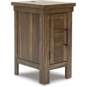 Signature Design by Ashley Moriville Rustic Farmhouse End Table with 1 Cabinet Door and USB Ports, Brown(Brown)