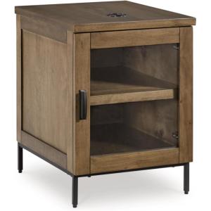 Signature Design by Ashley Torlanta Contemporary Chairside End Table with 1 Door, 1 Shelf and Wireless Charging, Light Brown & Black
