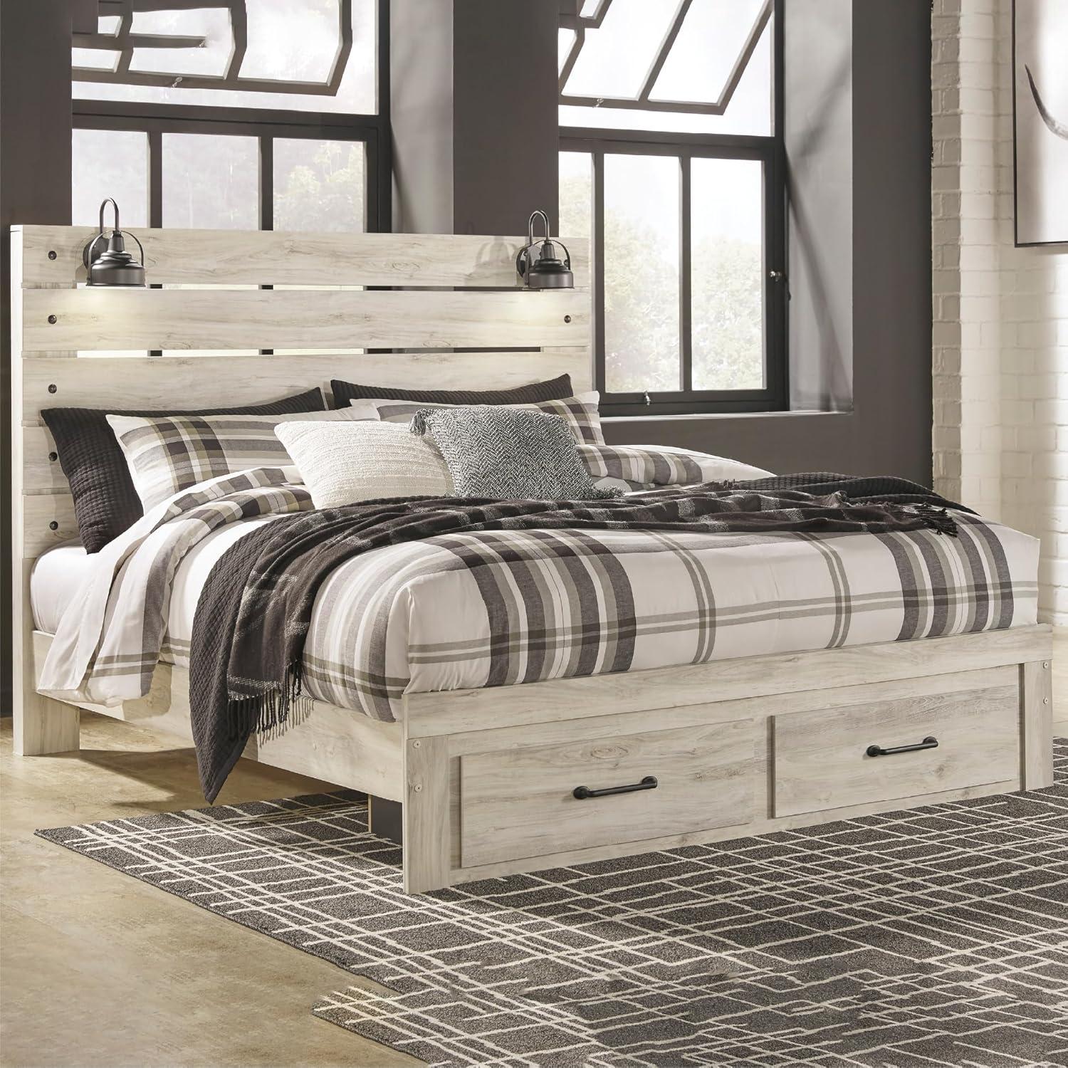 imageSignature Design by Ashley Cambeck Farmhouse Twin Panel Platform Bed with 2 Storage Drawers Cubbies Sconce Light and USB Ports Foundation or Box Spring Not Needed WhitewashKing