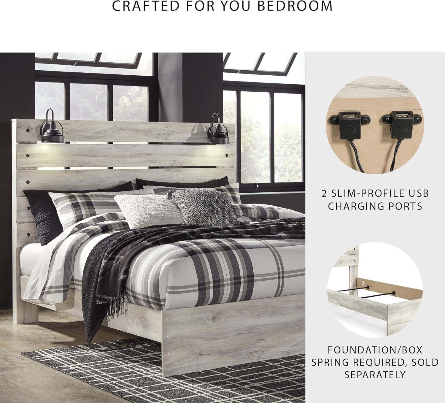 imageSignature Design by Ashley Cambeck Farmhouse Twin Panel Platform Bed with 2 Storage Drawers Cubbies Sconce Light and USB Ports Foundation or Box Spring Not Needed WhitewashKing