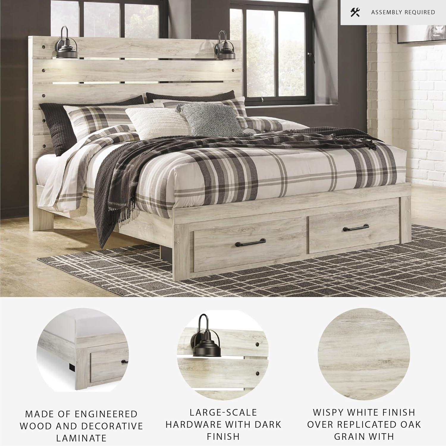 imageSignature Design by Ashley Cambeck Farmhouse Twin Panel Platform Bed with 2 Storage Drawers Cubbies Sconce Light and USB Ports Foundation or Box Spring Not Needed WhitewashKing