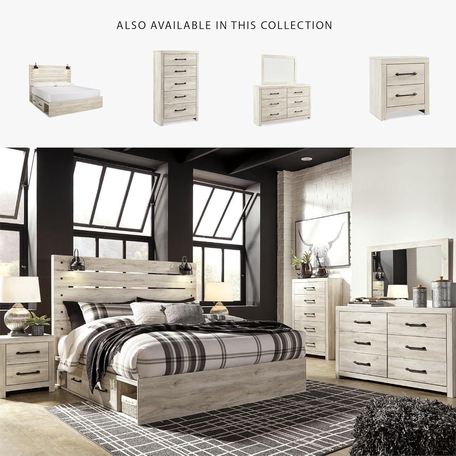 imageSignature Design by Ashley Cambeck Farmhouse Twin Panel Platform Bed with 2 Storage Drawers Cubbies Sconce Light and USB Ports Foundation or Box Spring Not Needed WhitewashKing