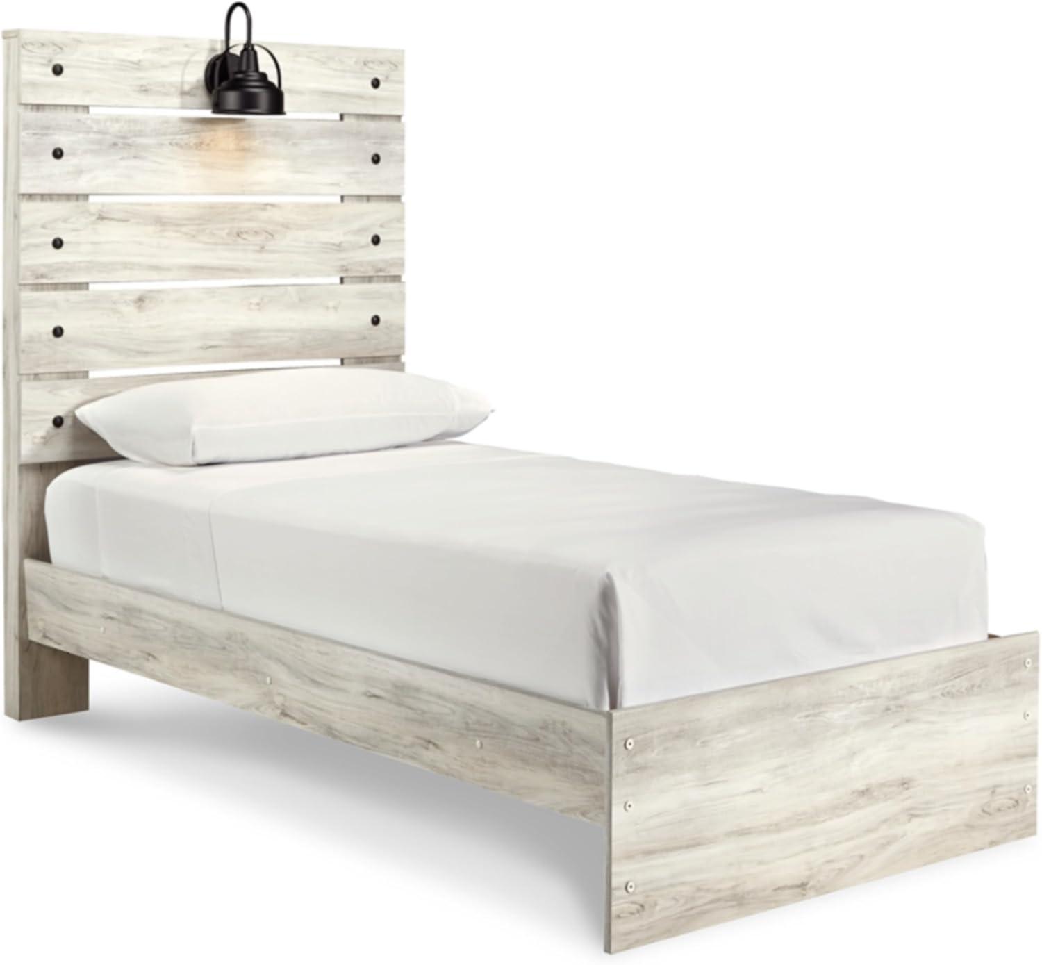 imageSignature Design by Ashley Cambeck Farmhouse Twin Panel Platform Bed with 2 Storage Drawers Cubbies Sconce Light and USB Ports Foundation or Box Spring Not Needed WhitewashTwin