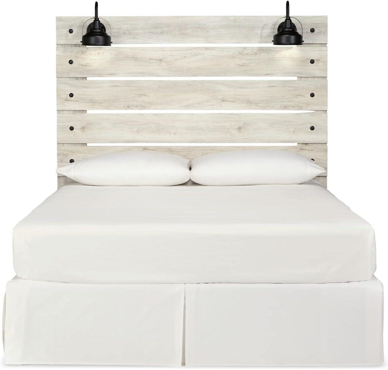 imageSignature Design by Ashley Cambeck Farmhouse Twin Panel Platform Bed with 2 Storage Drawers Cubbies Sconce Light and USB Ports Foundation or Box Spring Not Needed WhitewashQueen