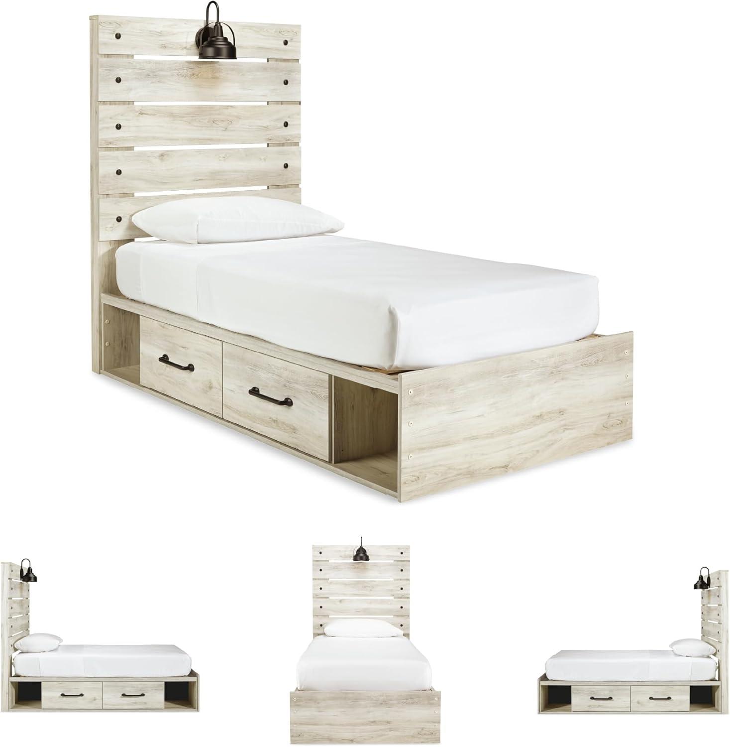 imageSignature Design by Ashley Cambeck Farmhouse Twin Panel Platform Bed with 2 Storage Drawers Cubbies Sconce Light and USB Ports Foundation or Box Spring Not Needed WhitewashTwin