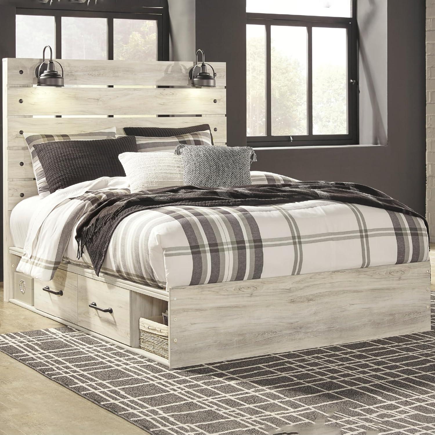 imageSignature Design by Ashley Cambeck Farmhouse Twin Panel Platform Bed with 2 Storage Drawers Cubbies Sconce Light and USB Ports Foundation or Box Spring Not Needed WhitewashQueen