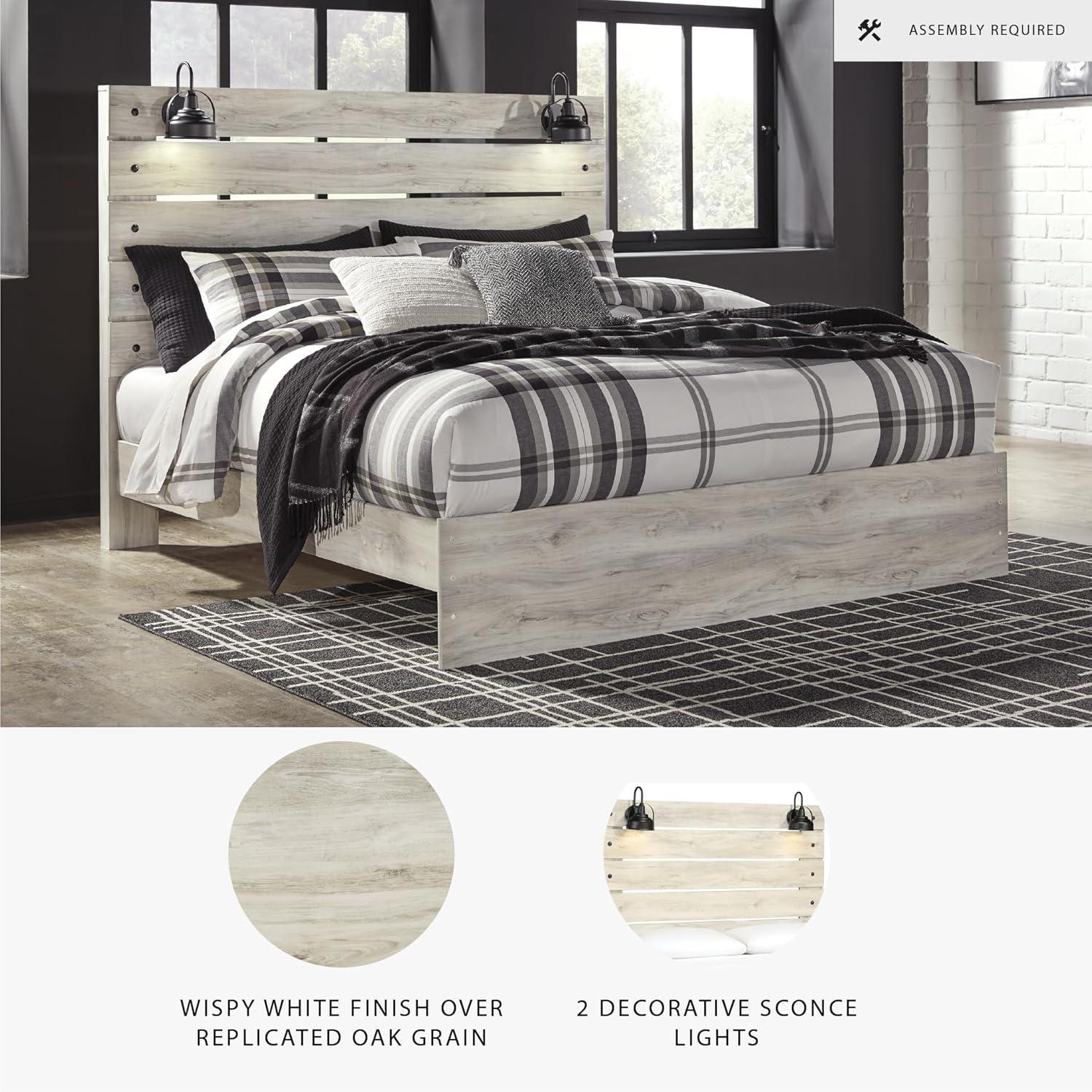 imageSignature Design by Ashley Cambeck Farmhouse Twin Panel Platform Bed with 2 Storage Drawers Cubbies Sconce Light and USB Ports Foundation or Box Spring Not Needed WhitewashKing