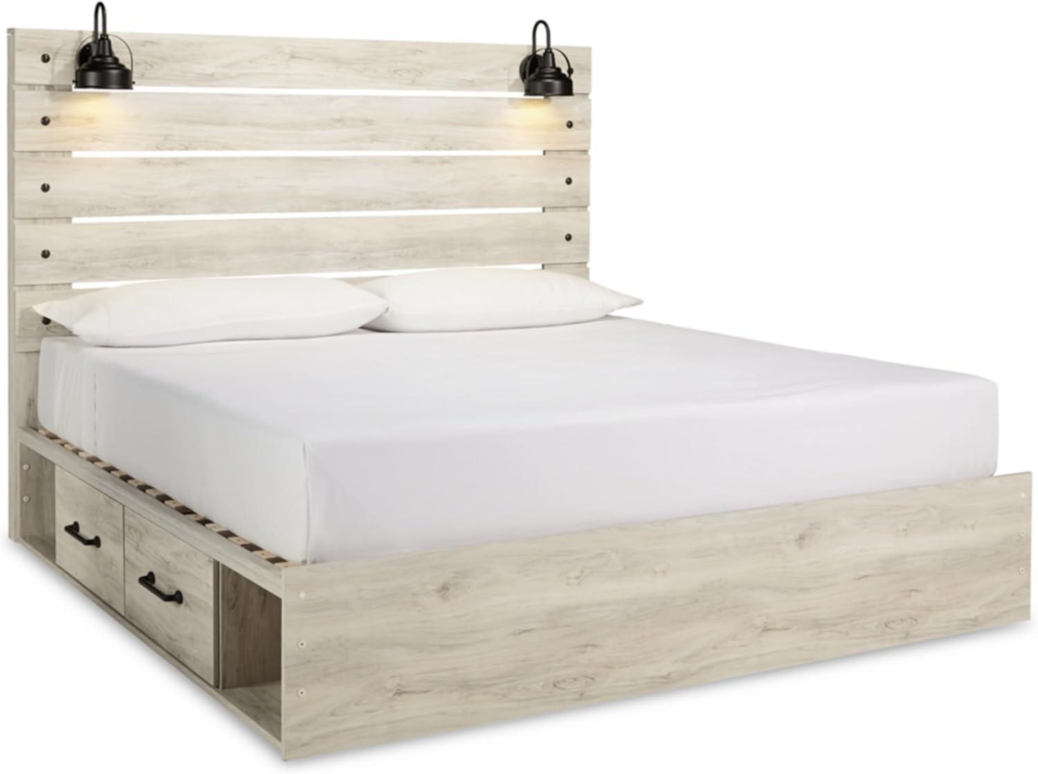 imageSignature Design by Ashley Cambeck Farmhouse Twin Panel Platform Bed with 2 Storage Drawers Cubbies Sconce Light and USB Ports Foundation or Box Spring Not Needed WhitewashKing