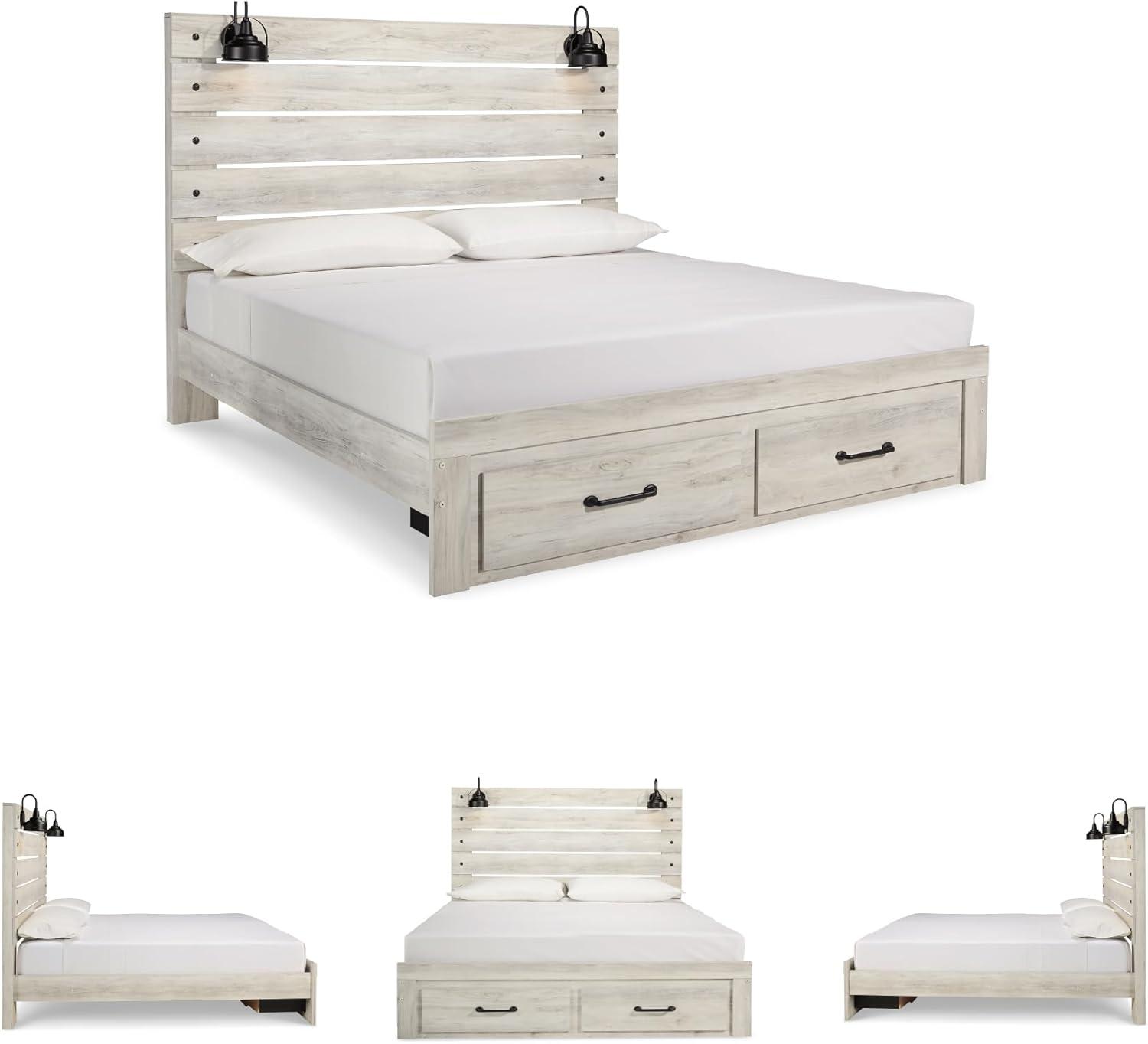 imageSignature Design by Ashley Cambeck Farmhouse Twin Panel Platform Bed with 2 Storage Drawers Cubbies Sconce Light and USB Ports Foundation or Box Spring Not Needed WhitewashKing