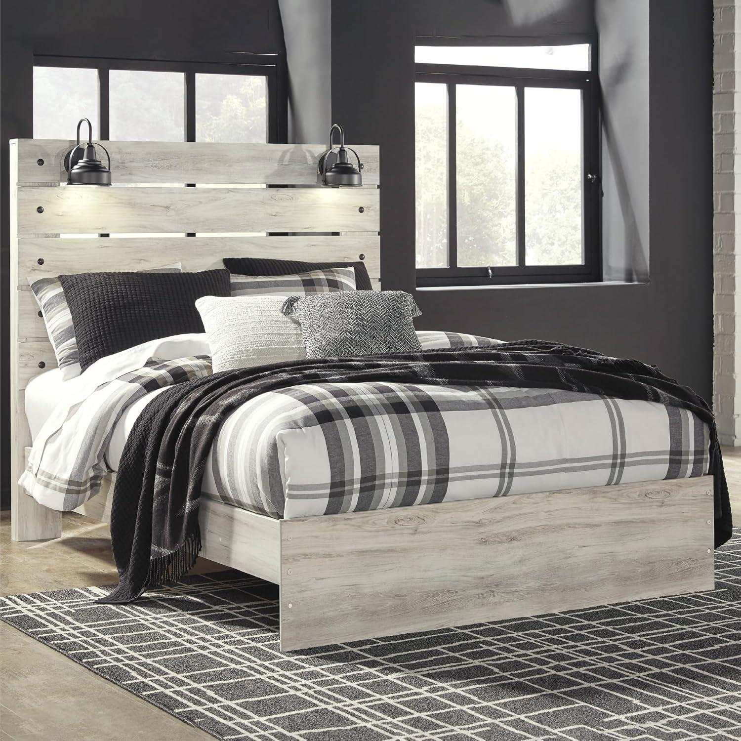 imageSignature Design by Ashley Cambeck Farmhouse Twin Panel Platform Bed with 2 Storage Drawers Cubbies Sconce Light and USB Ports Foundation or Box Spring Not Needed WhitewashQueen