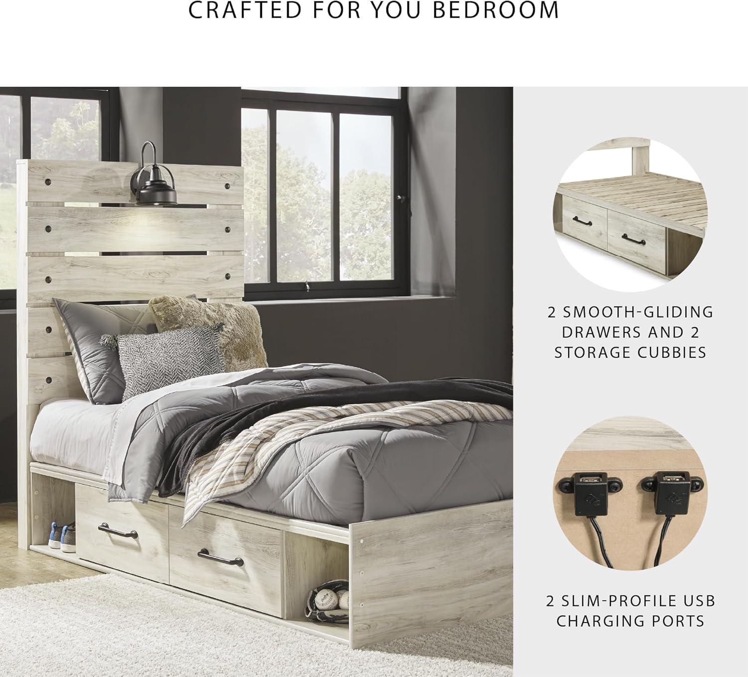 imageSignature Design by Ashley Cambeck Farmhouse Twin Panel Platform Bed with 2 Storage Drawers Cubbies Sconce Light and USB Ports Foundation or Box Spring Not Needed WhitewashTwin