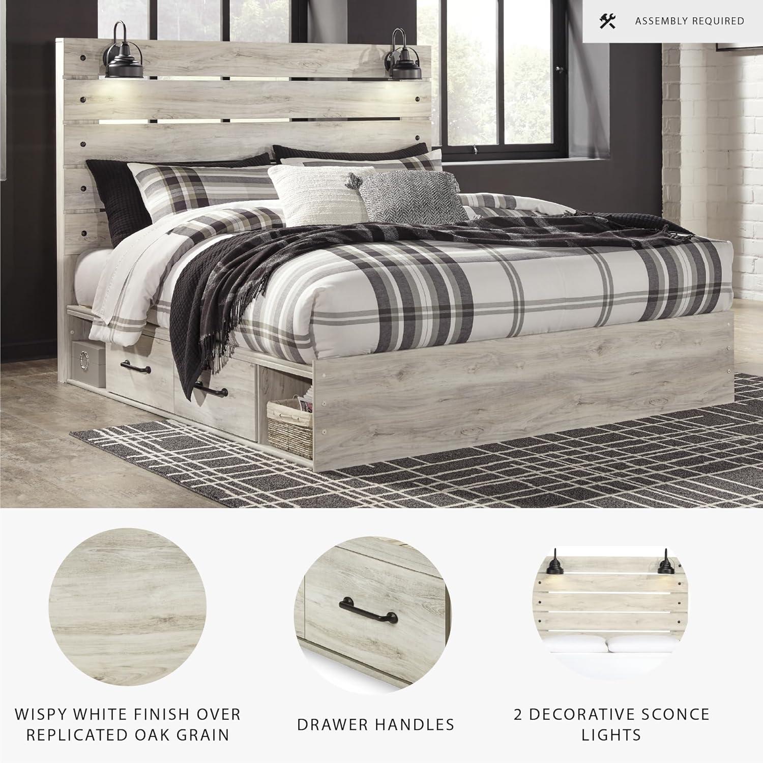 imageSignature Design by Ashley Cambeck Farmhouse Twin Panel Platform Bed with 2 Storage Drawers Cubbies Sconce Light and USB Ports Foundation or Box Spring Not Needed WhitewashKing