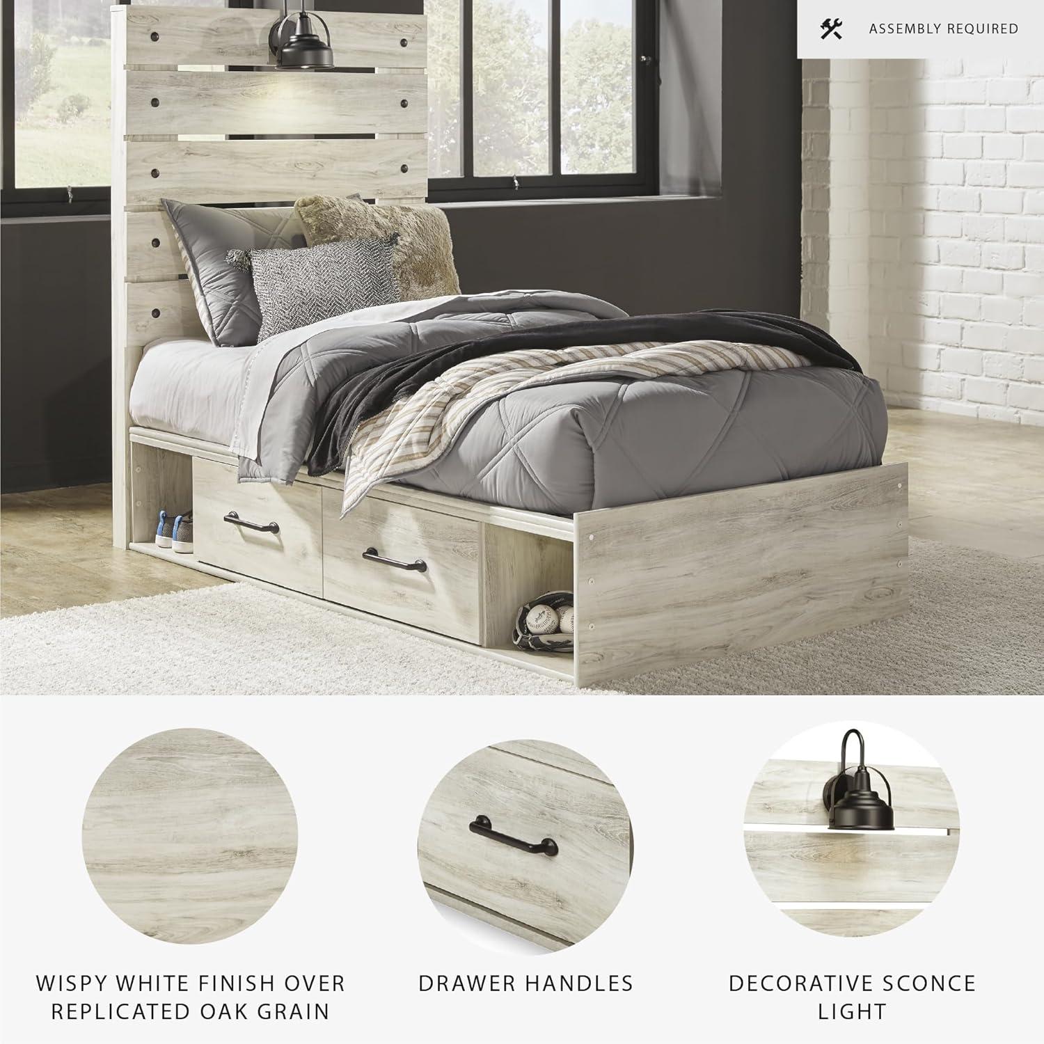 imageSignature Design by Ashley Cambeck Farmhouse Twin Panel Platform Bed with 2 Storage Drawers Cubbies Sconce Light and USB Ports Foundation or Box Spring Not Needed WhitewashTwin