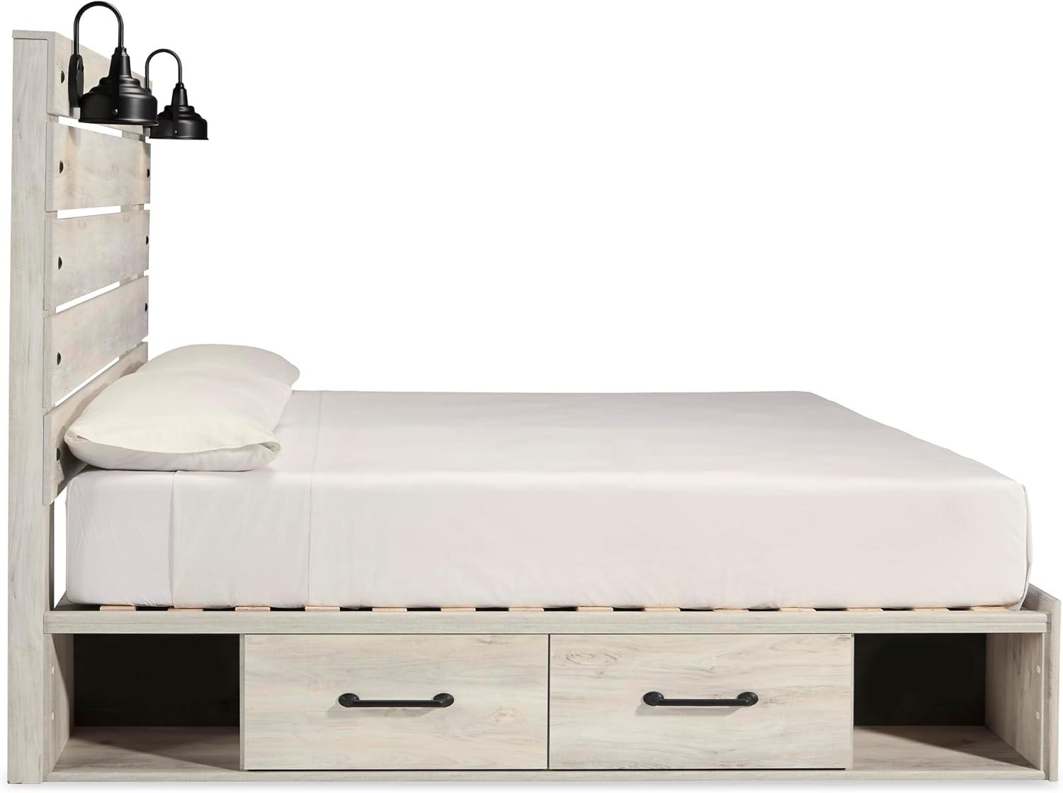 imageSignature Design by Ashley Cambeck Farmhouse Twin Panel Platform Bed with 2 Storage Drawers Cubbies Sconce Light and USB Ports Foundation or Box Spring Not Needed WhitewashKing