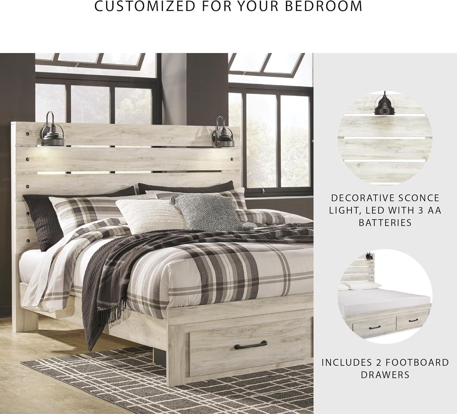 imageSignature Design by Ashley Cambeck Farmhouse Twin Panel Platform Bed with 2 Storage Drawers Cubbies Sconce Light and USB Ports Foundation or Box Spring Not Needed WhitewashKing