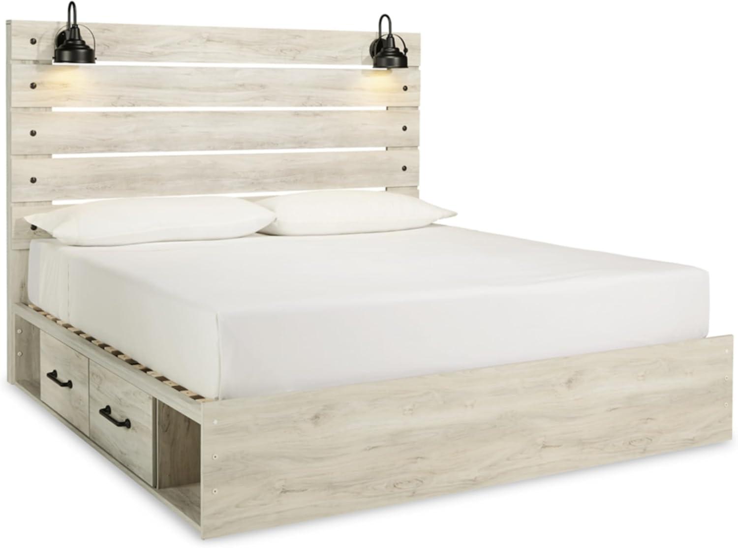 imageSignature Design by Ashley Cambeck Farmhouse Twin Panel Platform Bed with 2 Storage Drawers Cubbies Sconce Light and USB Ports Foundation or Box Spring Not Needed WhitewashKing