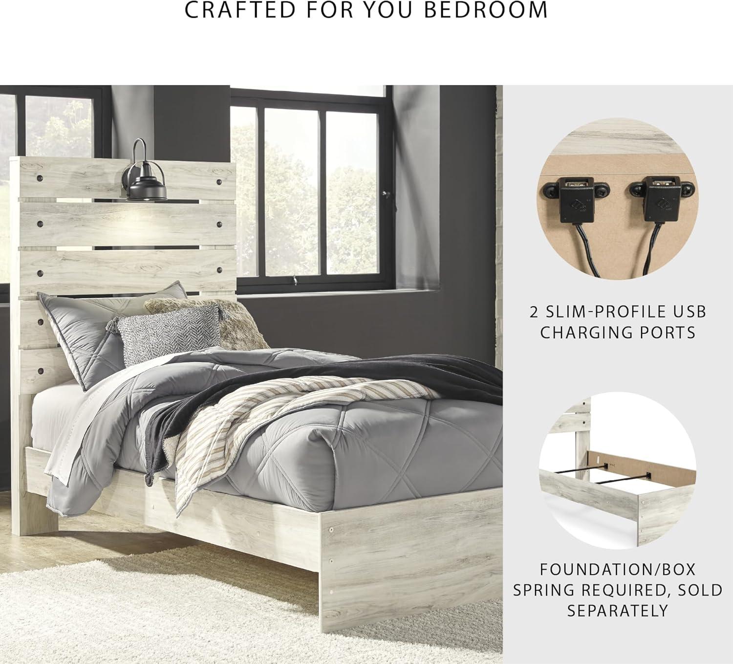 imageSignature Design by Ashley Cambeck Farmhouse Twin Panel Platform Bed with 2 Storage Drawers Cubbies Sconce Light and USB Ports Foundation or Box Spring Not Needed WhitewashTwin