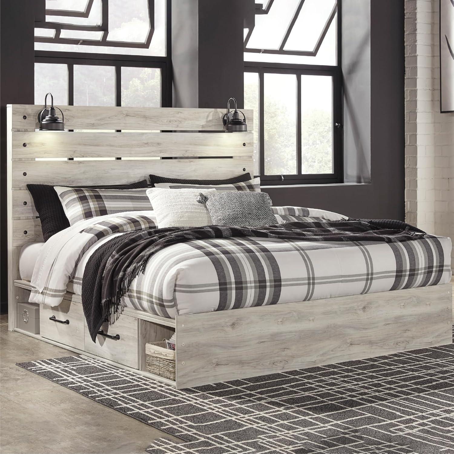 imageSignature Design by Ashley Cambeck Farmhouse Twin Panel Platform Bed with 2 Storage Drawers Cubbies Sconce Light and USB Ports Foundation or Box Spring Not Needed WhitewashKing