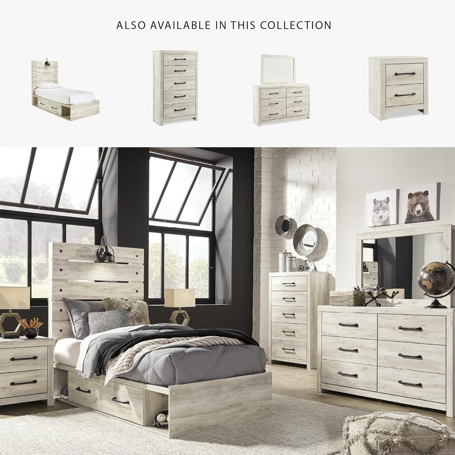 imageSignature Design by Ashley Cambeck Farmhouse Twin Panel Platform Bed with 2 Storage Drawers Cubbies Sconce Light and USB Ports Foundation or Box Spring Not Needed WhitewashTwin