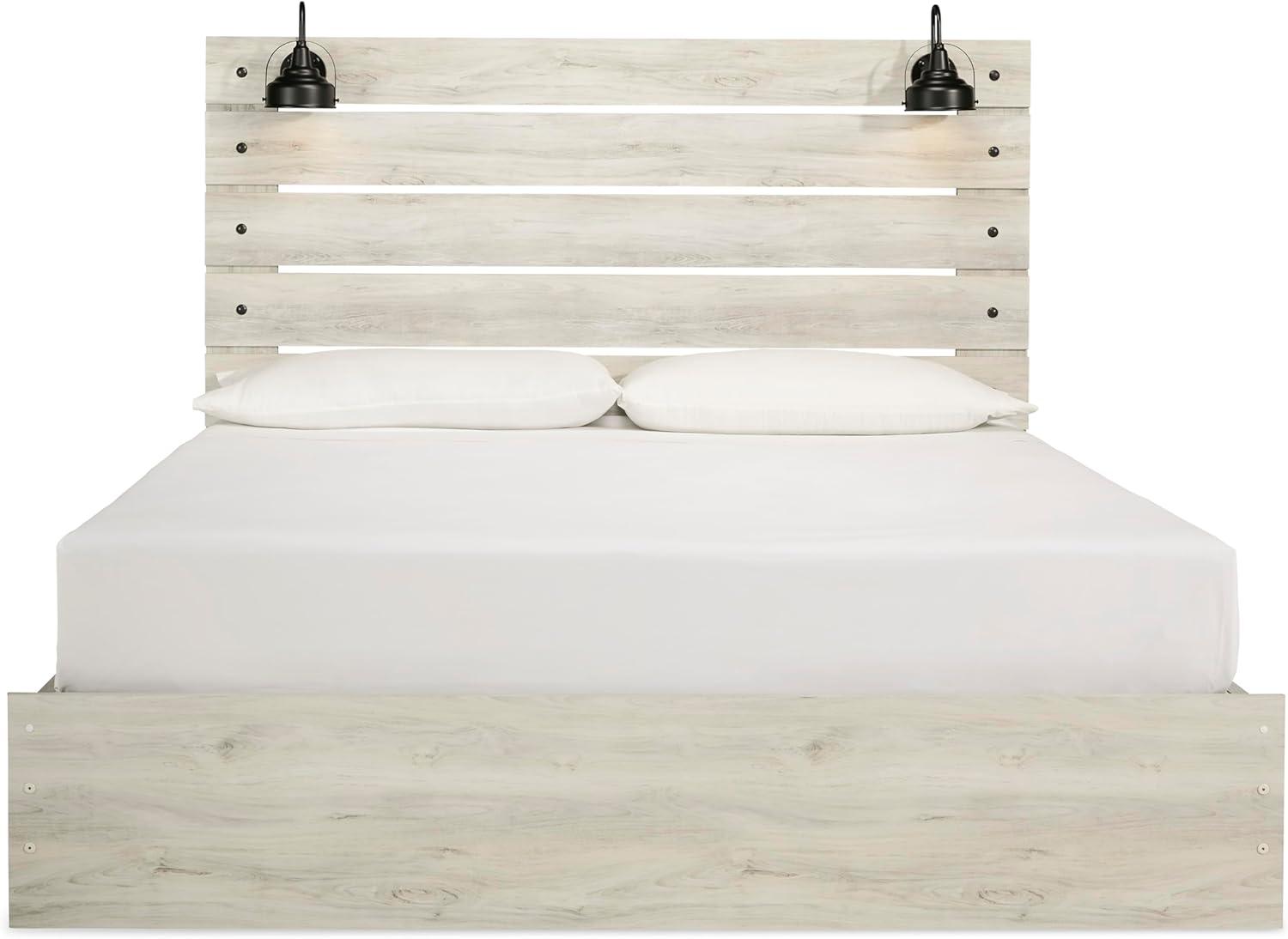 imageSignature Design by Ashley Cambeck Farmhouse Twin Panel Platform Bed with 2 Storage Drawers Cubbies Sconce Light and USB Ports Foundation or Box Spring Not Needed WhitewashKing