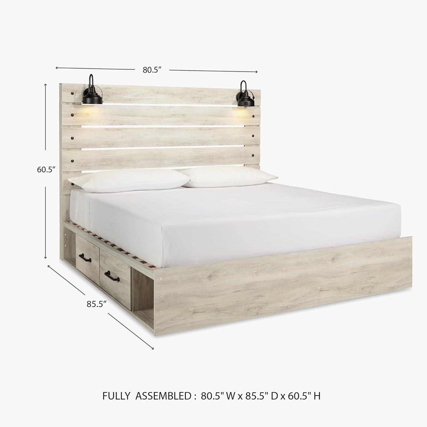 imageSignature Design by Ashley Cambeck Farmhouse Twin Panel Platform Bed with 2 Storage Drawers Cubbies Sconce Light and USB Ports Foundation or Box Spring Not Needed WhitewashKing