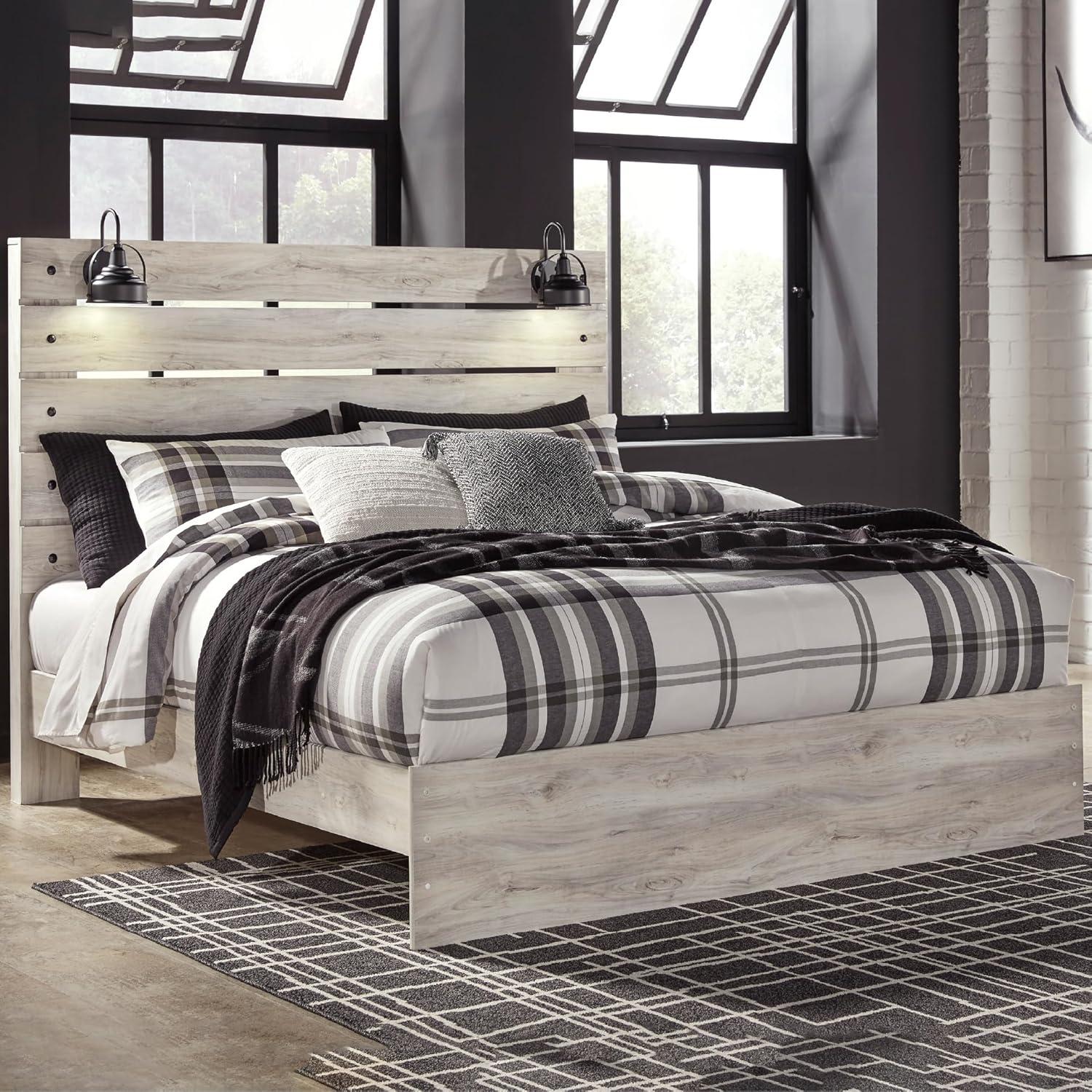 imageSignature Design by Ashley Cambeck Farmhouse Twin Panel Platform Bed with 2 Storage Drawers Cubbies Sconce Light and USB Ports Foundation or Box Spring Not Needed WhitewashKing