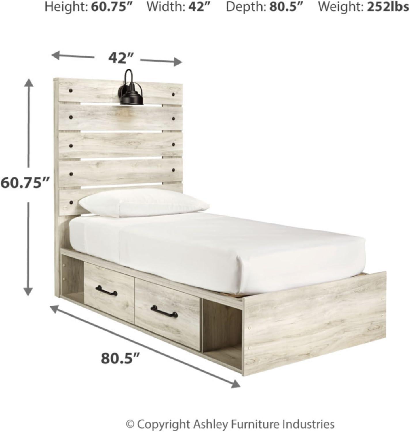 imageSignature Design by Ashley Cambeck Farmhouse Twin Panel Platform Bed with 2 Storage Drawers Cubbies Sconce Light and USB Ports Foundation or Box Spring Not Needed WhitewashTwin