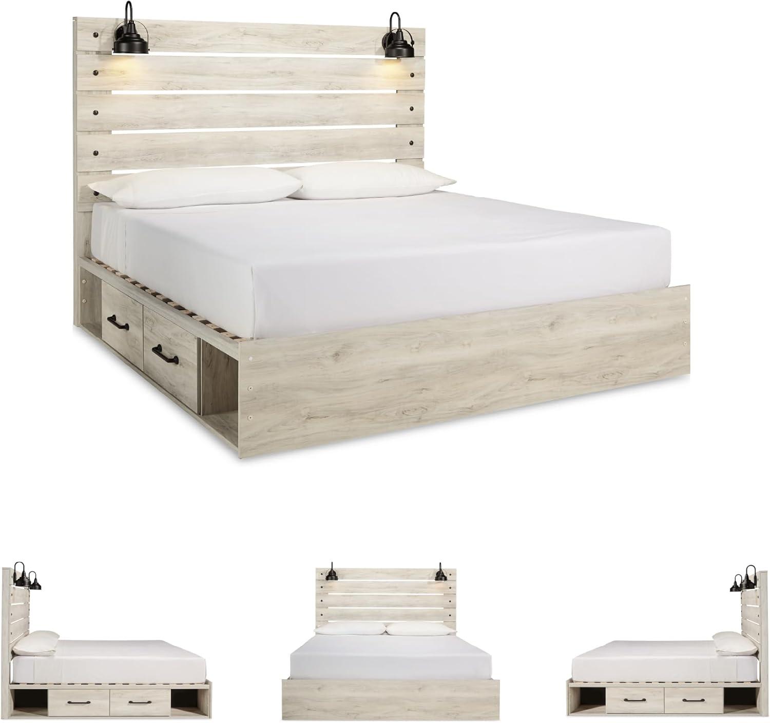 imageSignature Design by Ashley Cambeck Farmhouse Twin Panel Platform Bed with 2 Storage Drawers Cubbies Sconce Light and USB Ports Foundation or Box Spring Not Needed WhitewashKing