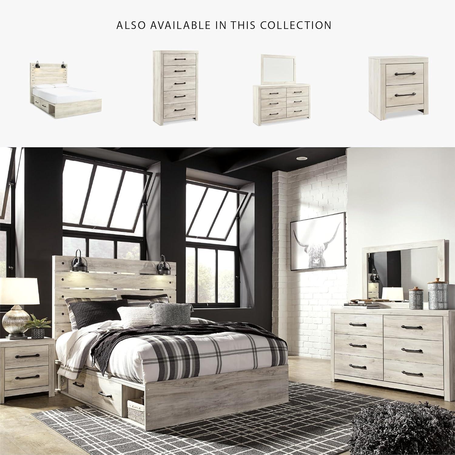 imageSignature Design by Ashley Cambeck Farmhouse Twin Panel Platform Bed with 2 Storage Drawers Cubbies Sconce Light and USB Ports Foundation or Box Spring Not Needed WhitewashQueen