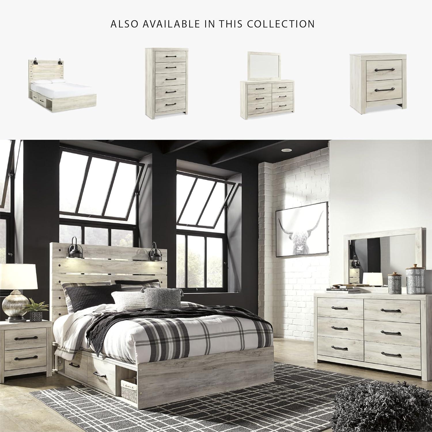 imageSignature Design by Ashley Cambeck Farmhouse Twin Panel Platform Bed with 2 Storage Drawers Cubbies Sconce Light and USB Ports Foundation or Box Spring Not Needed WhitewashQueen