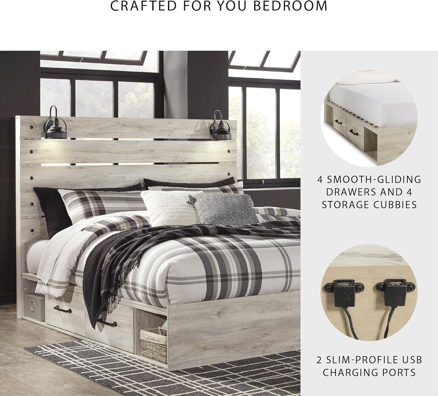 imageSignature Design by Ashley Cambeck Farmhouse Twin Panel Platform Bed with 2 Storage Drawers Cubbies Sconce Light and USB Ports Foundation or Box Spring Not Needed WhitewashKing