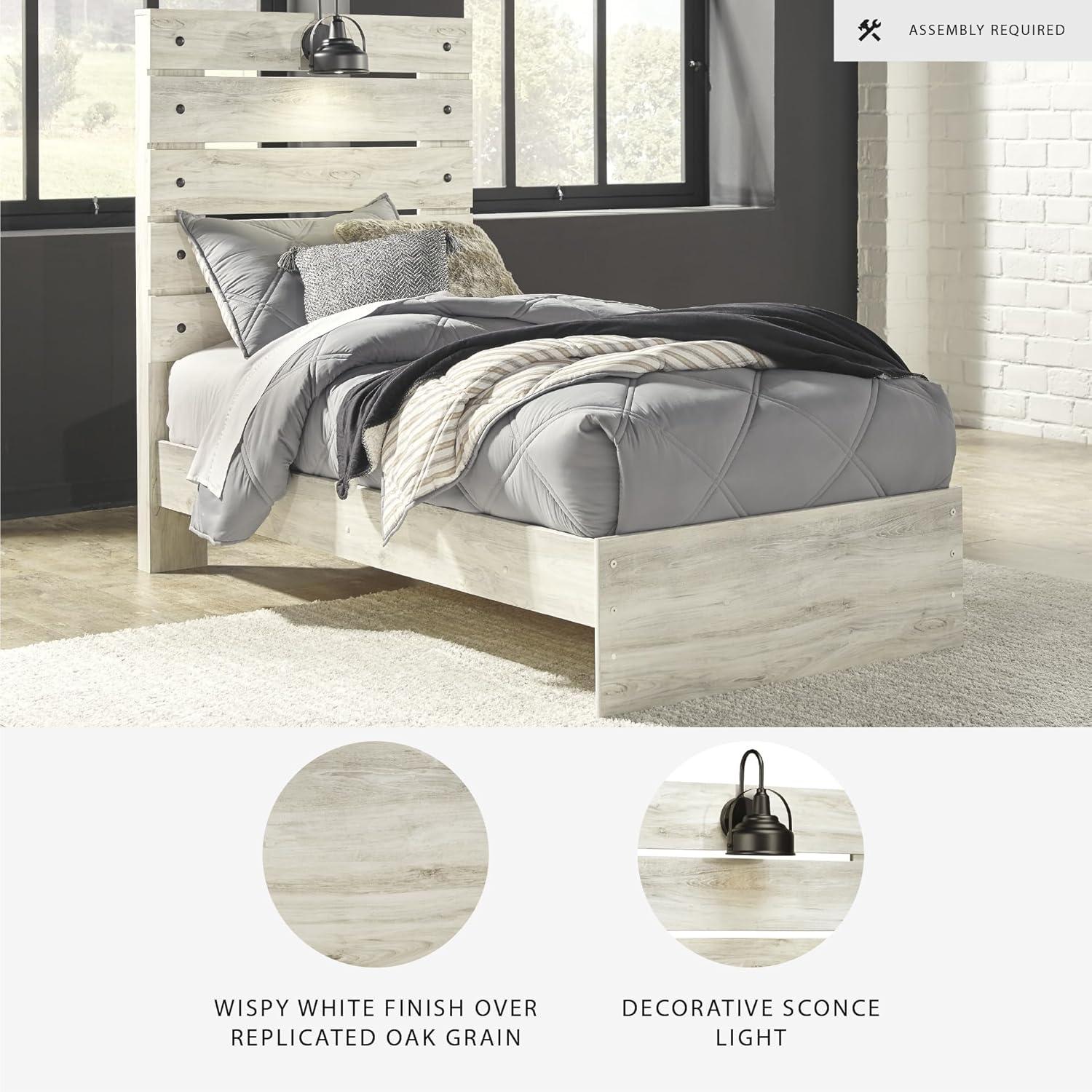 imageSignature Design by Ashley Cambeck Farmhouse Twin Panel Platform Bed with 2 Storage Drawers Cubbies Sconce Light and USB Ports Foundation or Box Spring Not Needed WhitewashTwin
