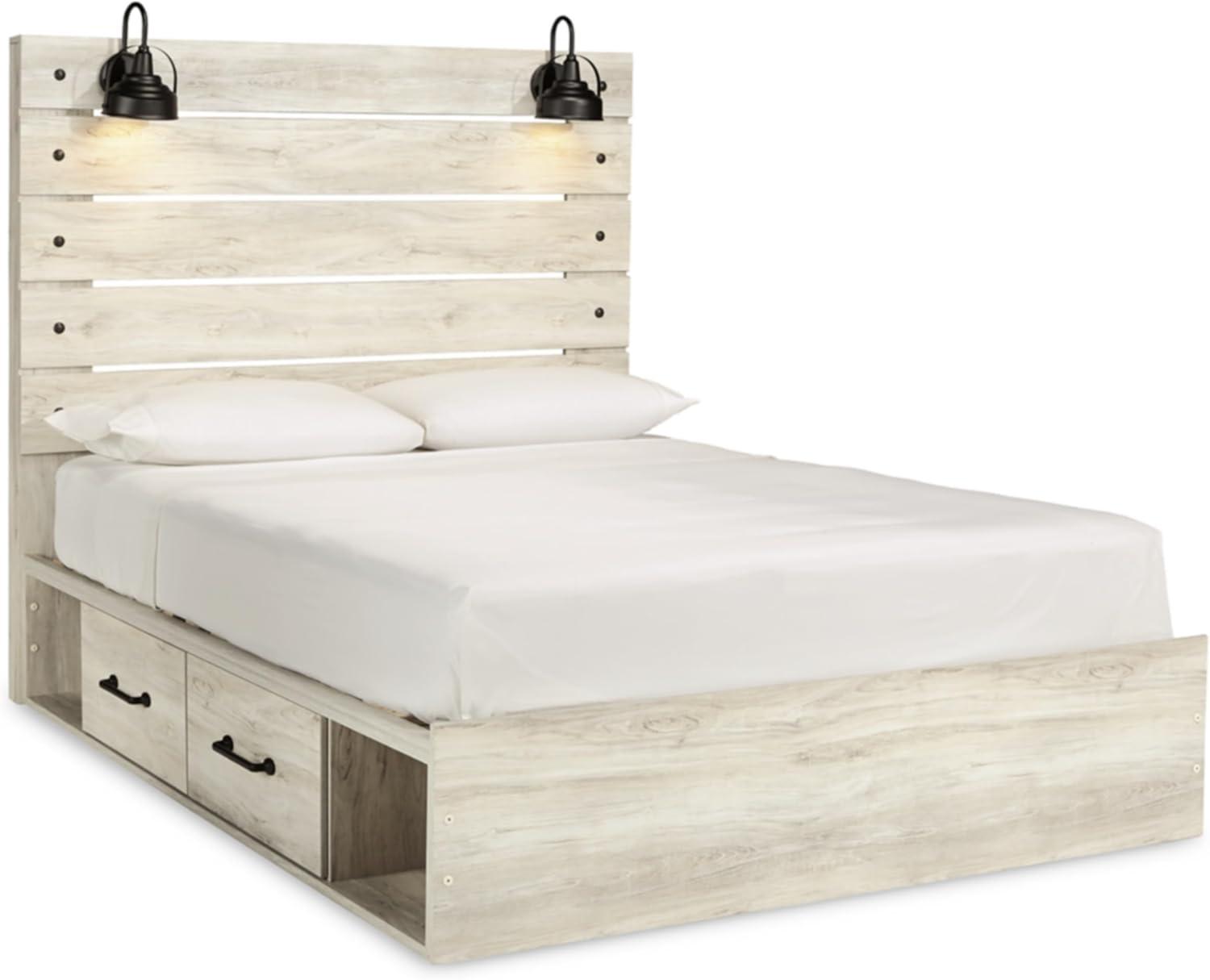 imageSignature Design by Ashley Cambeck Farmhouse Twin Panel Platform Bed with 2 Storage Drawers Cubbies Sconce Light and USB Ports Foundation or Box Spring Not Needed WhitewashQueen