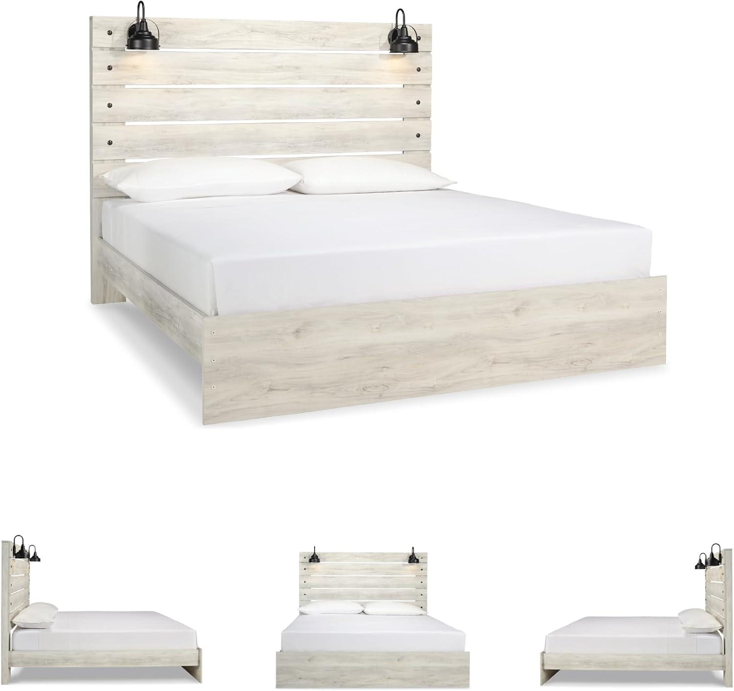 imageSignature Design by Ashley Cambeck Farmhouse Twin Panel Platform Bed with 2 Storage Drawers Cubbies Sconce Light and USB Ports Foundation or Box Spring Not Needed WhitewashKing