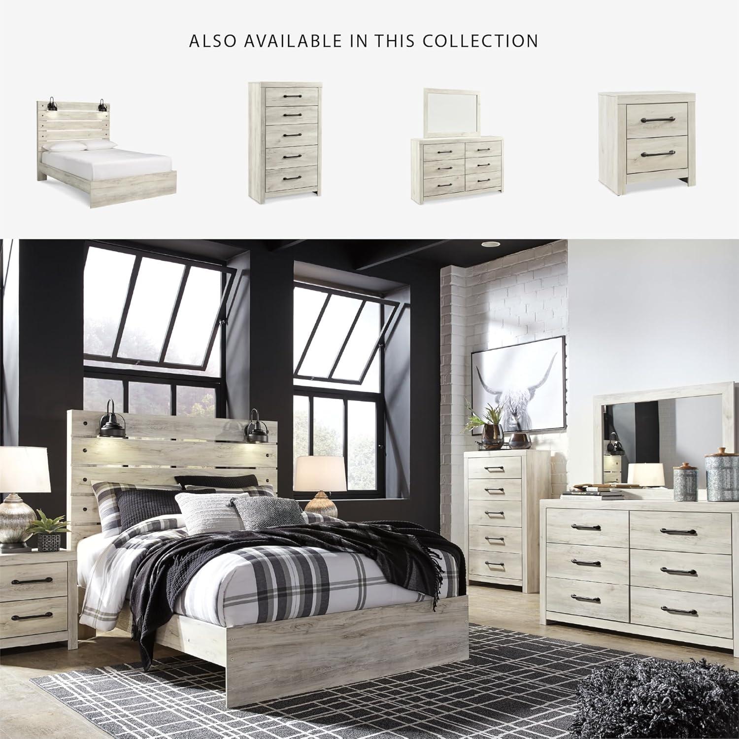 imageSignature Design by Ashley Cambeck Farmhouse Twin Panel Platform Bed with 2 Storage Drawers Cubbies Sconce Light and USB Ports Foundation or Box Spring Not Needed WhitewashQueen