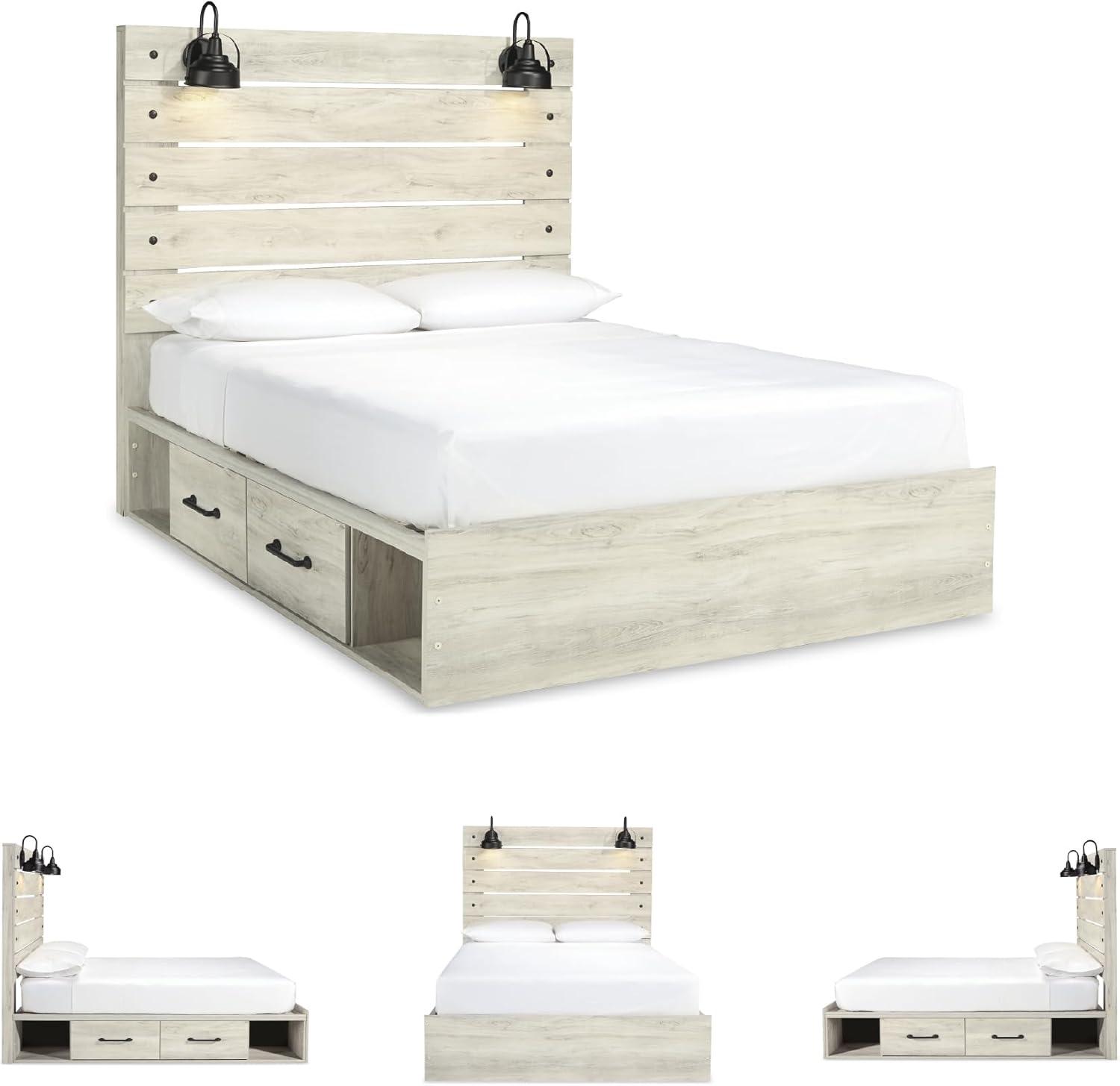 imageSignature Design by Ashley Cambeck Farmhouse Twin Panel Platform Bed with 2 Storage Drawers Cubbies Sconce Light and USB Ports Foundation or Box Spring Not Needed WhitewashQueen