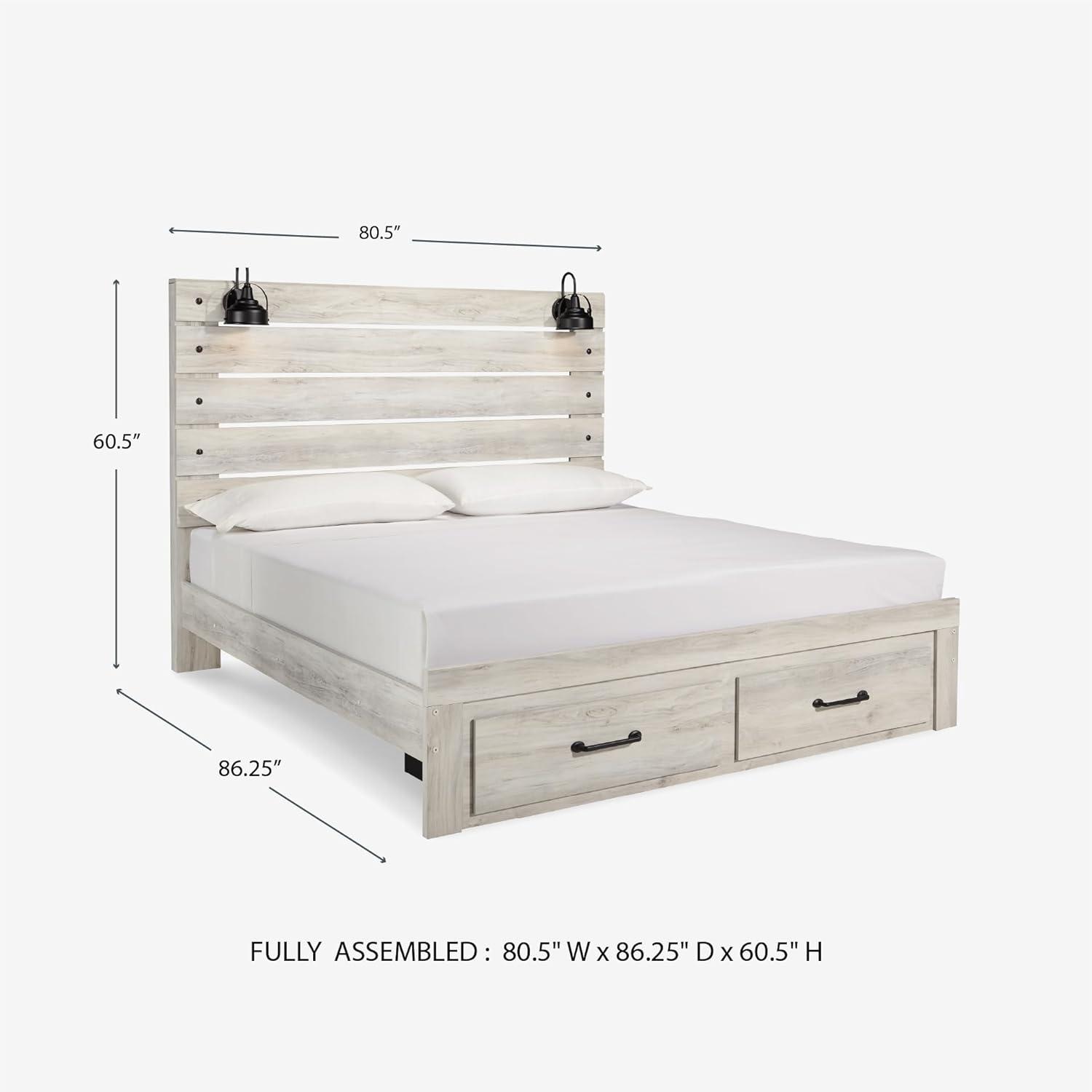 imageSignature Design by Ashley Cambeck Farmhouse Twin Panel Platform Bed with 2 Storage Drawers Cubbies Sconce Light and USB Ports Foundation or Box Spring Not Needed WhitewashKing