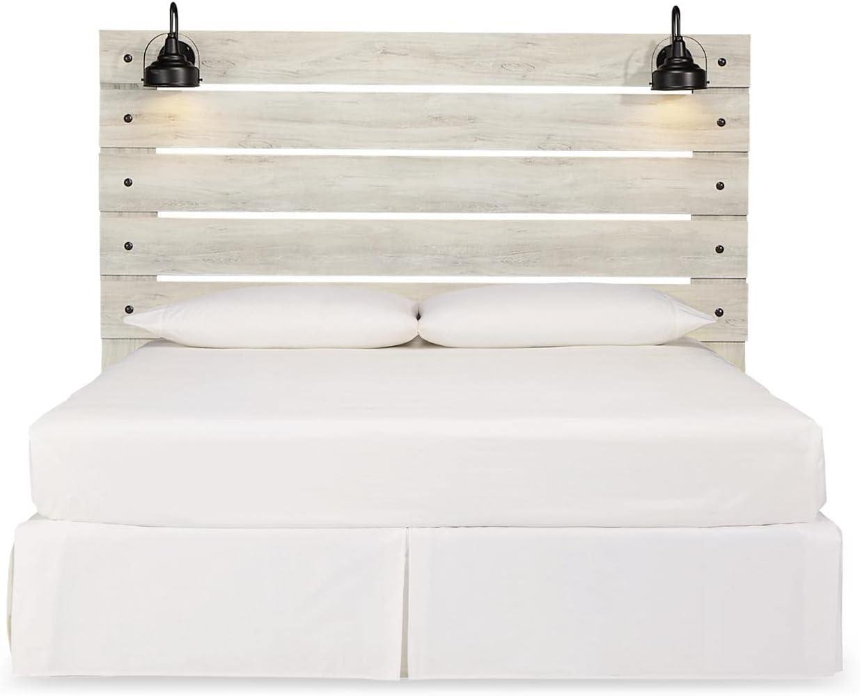 imageSignature Design by Ashley Cambeck Farmhouse Twin Panel Platform Bed with 2 Storage Drawers Cubbies Sconce Light and USB Ports Foundation or Box Spring Not Needed WhitewashKing