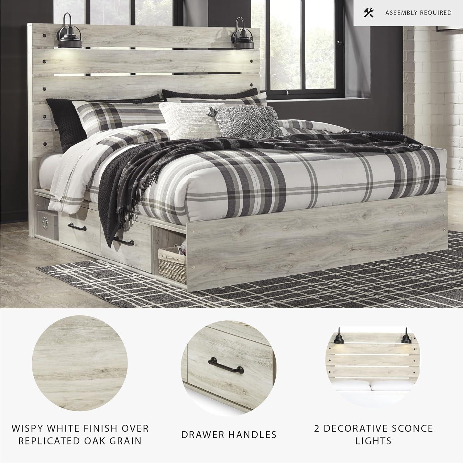 imageSignature Design by Ashley Cambeck Farmhouse Twin Panel Platform Bed with 2 Storage Drawers Cubbies Sconce Light and USB Ports Foundation or Box Spring Not Needed WhitewashKing