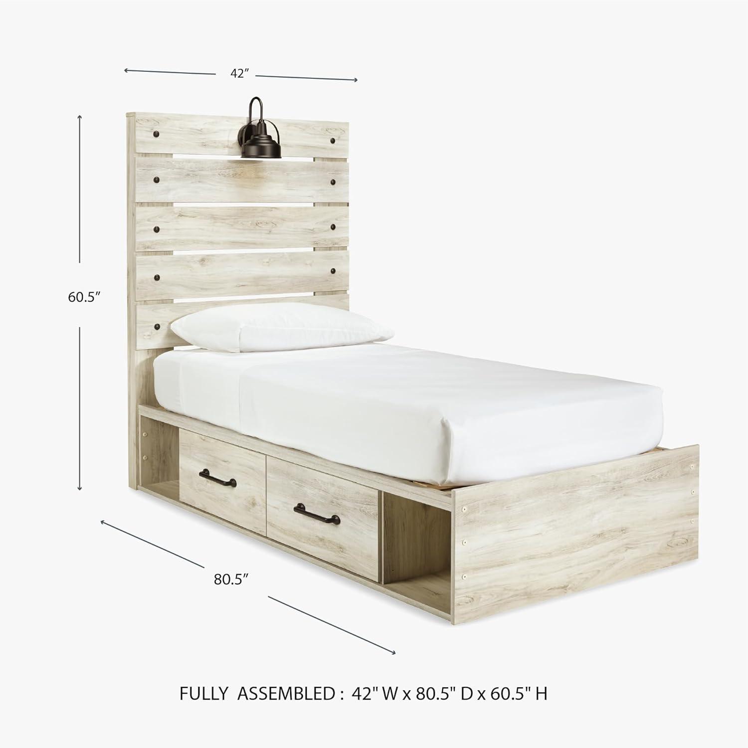 imageSignature Design by Ashley Cambeck Farmhouse Twin Panel Platform Bed with 2 Storage Drawers Cubbies Sconce Light and USB Ports Foundation or Box Spring Not Needed WhitewashTwin