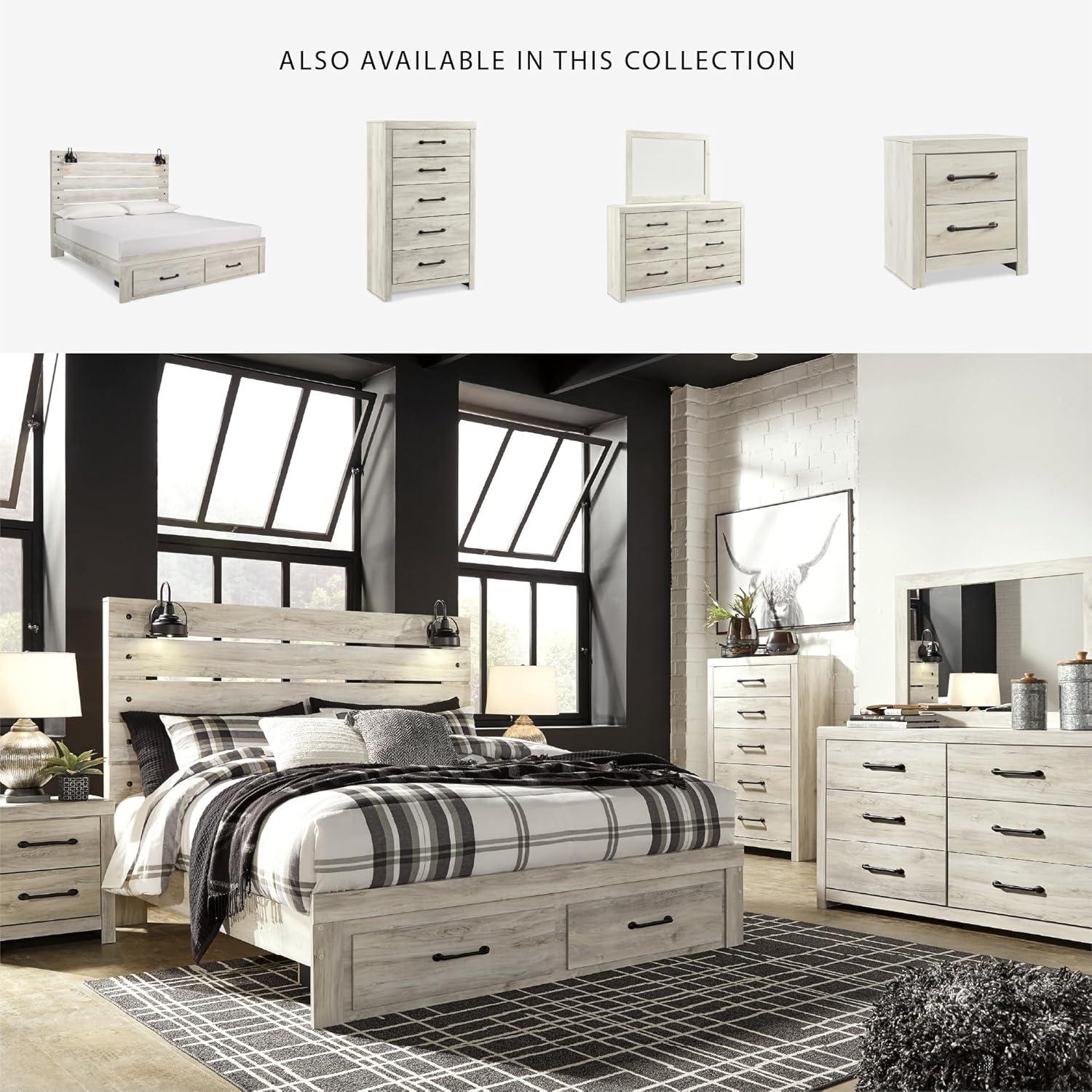 imageSignature Design by Ashley Cambeck Farmhouse Twin Panel Platform Bed with 2 Storage Drawers Cubbies Sconce Light and USB Ports Foundation or Box Spring Not Needed WhitewashKing