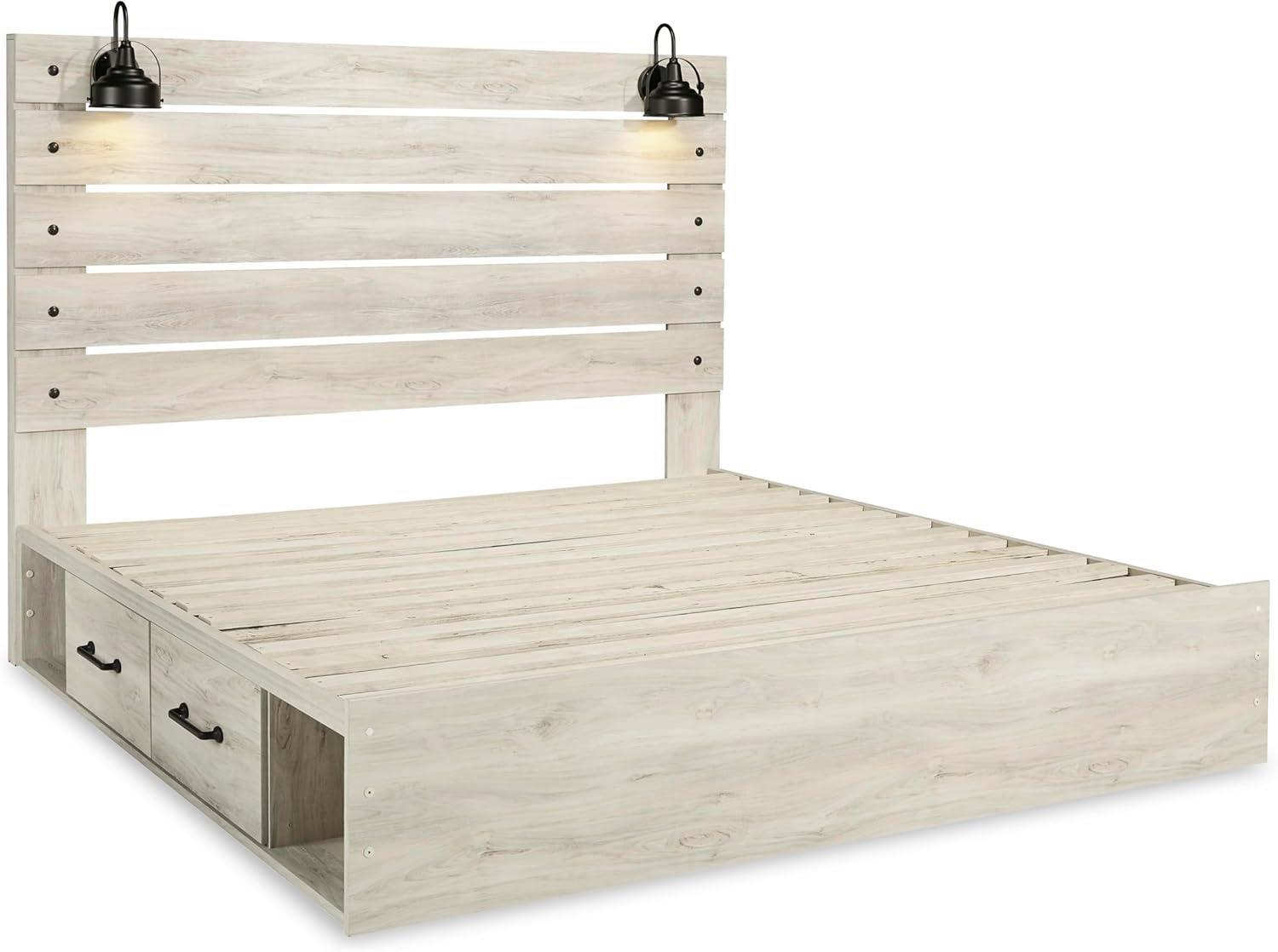 imageSignature Design by Ashley Cambeck Farmhouse Twin Panel Platform Bed with 2 Storage Drawers Cubbies Sconce Light and USB Ports Foundation or Box Spring Not Needed WhitewashKing