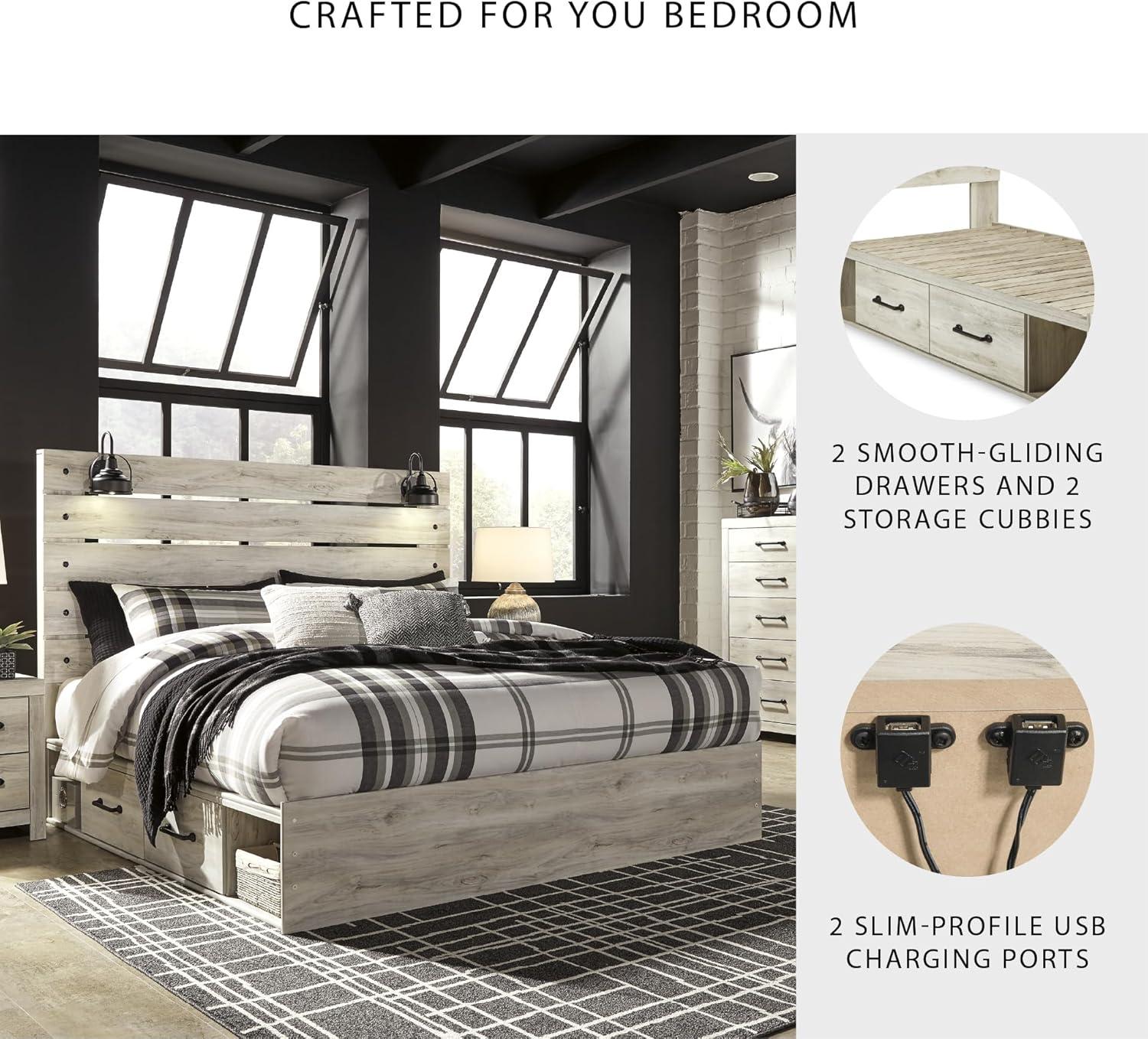 imageSignature Design by Ashley Cambeck Farmhouse Twin Panel Platform Bed with 2 Storage Drawers Cubbies Sconce Light and USB Ports Foundation or Box Spring Not Needed WhitewashKing