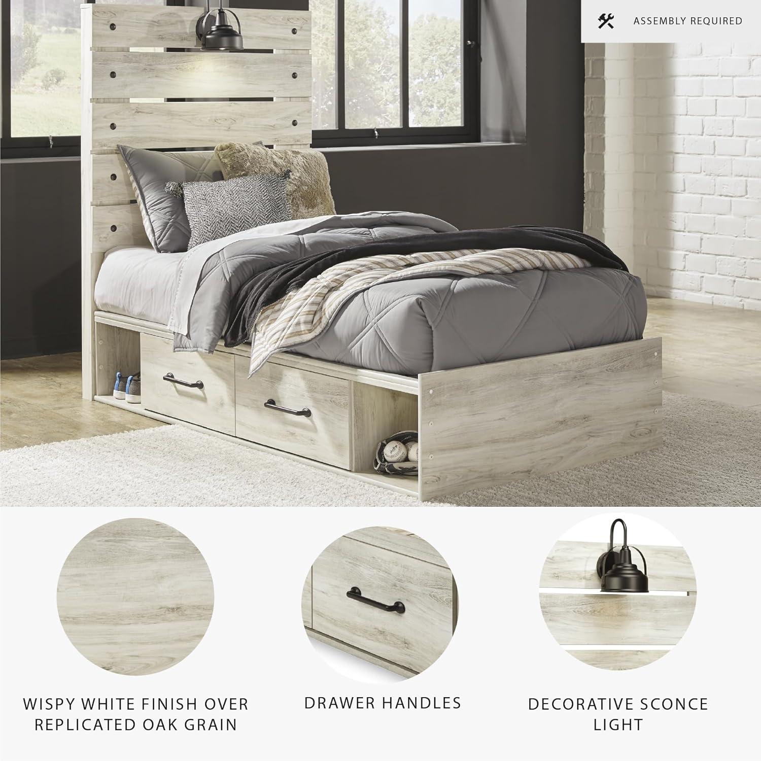 imageSignature Design by Ashley Cambeck Farmhouse Twin Panel Platform Bed with 2 Storage Drawers Cubbies Sconce Light and USB Ports Foundation or Box Spring Not Needed WhitewashTwin