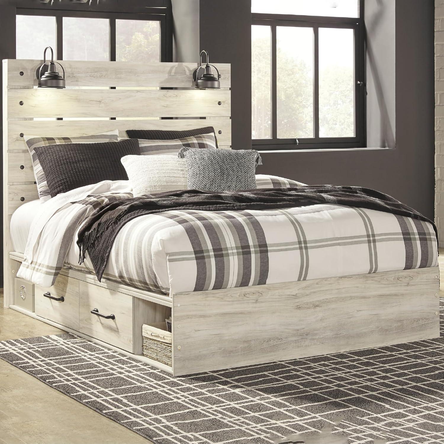 imageSignature Design by Ashley Cambeck Farmhouse Twin Panel Platform Bed with 2 Storage Drawers Cubbies Sconce Light and USB Ports Foundation or Box Spring Not Needed WhitewashQueen