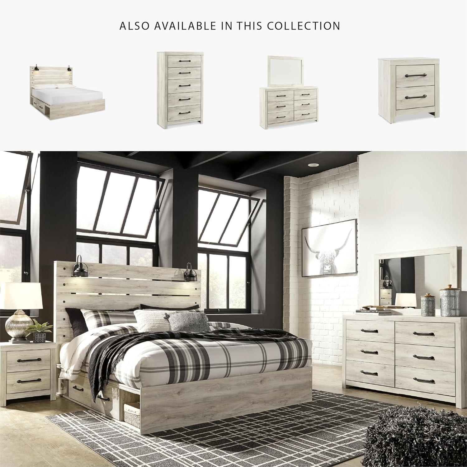 imageSignature Design by Ashley Cambeck Farmhouse Twin Panel Platform Bed with 2 Storage Drawers Cubbies Sconce Light and USB Ports Foundation or Box Spring Not Needed WhitewashKing