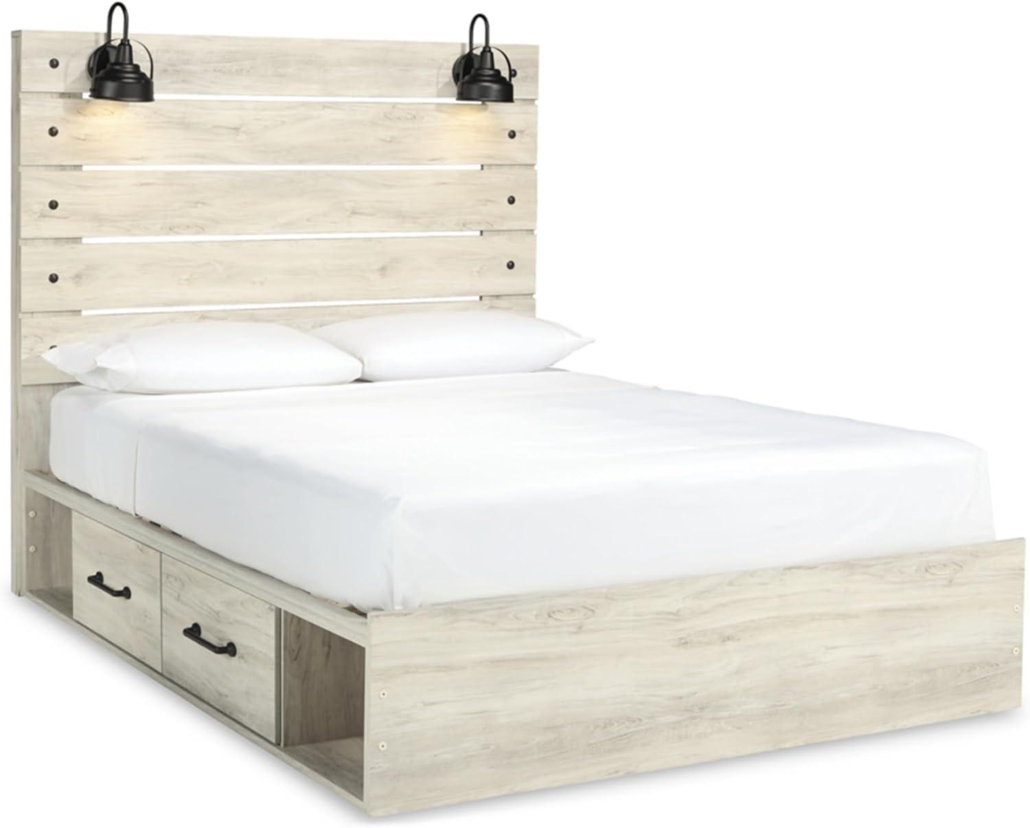 imageSignature Design by Ashley Cambeck Farmhouse Twin Panel Platform Bed with 2 Storage Drawers Cubbies Sconce Light and USB Ports Foundation or Box Spring Not Needed WhitewashQueen