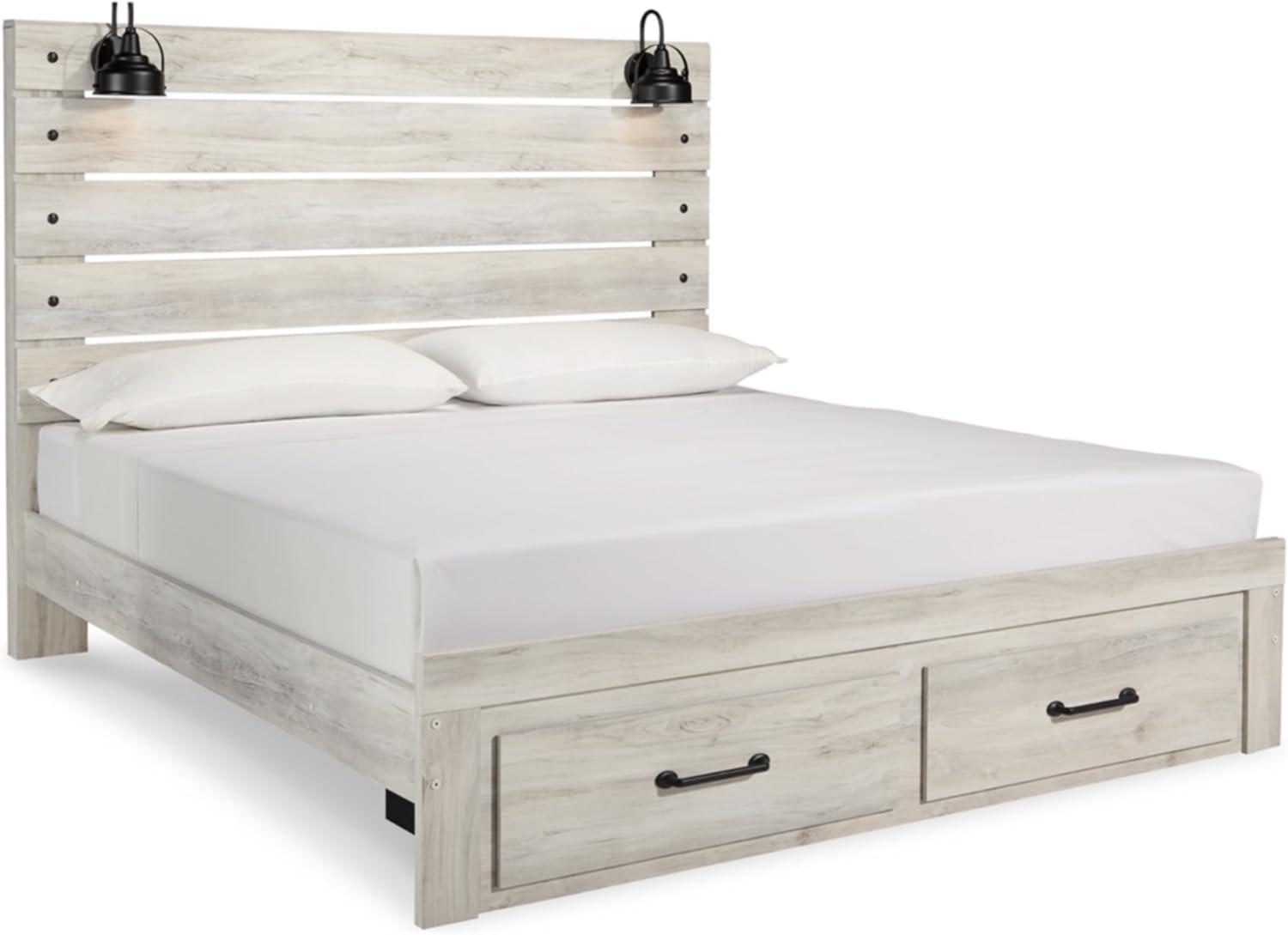 imageSignature Design by Ashley Cambeck Farmhouse Twin Panel Platform Bed with 2 Storage Drawers Cubbies Sconce Light and USB Ports Foundation or Box Spring Not Needed WhitewashKing